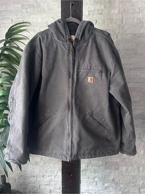 Carhartt Hooded Sandstone Sierra Sherpa Lined Work Jacket Charcoal Grey Size XL